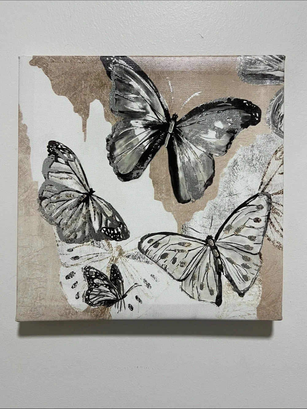Butterfly Wall Art Set - Beige, Silver and White Canvas Prints